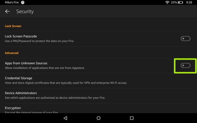 Enable Apps from unknown sources to watch YouTube on Amazon Fire Tablet