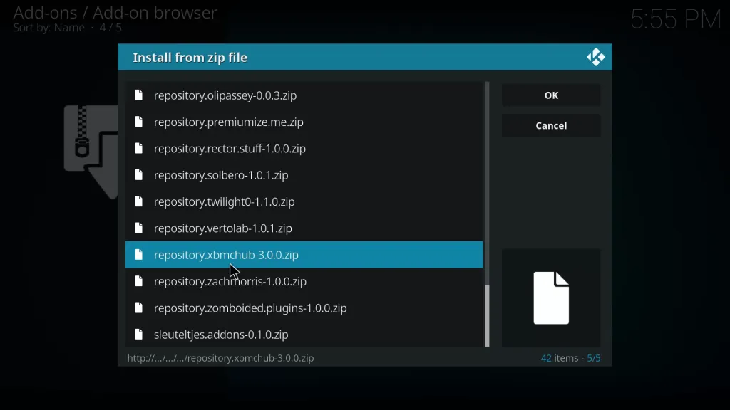 Tap the Zip file repository.xbmc-x.x.x.zip to get Indigo Kodi Addon