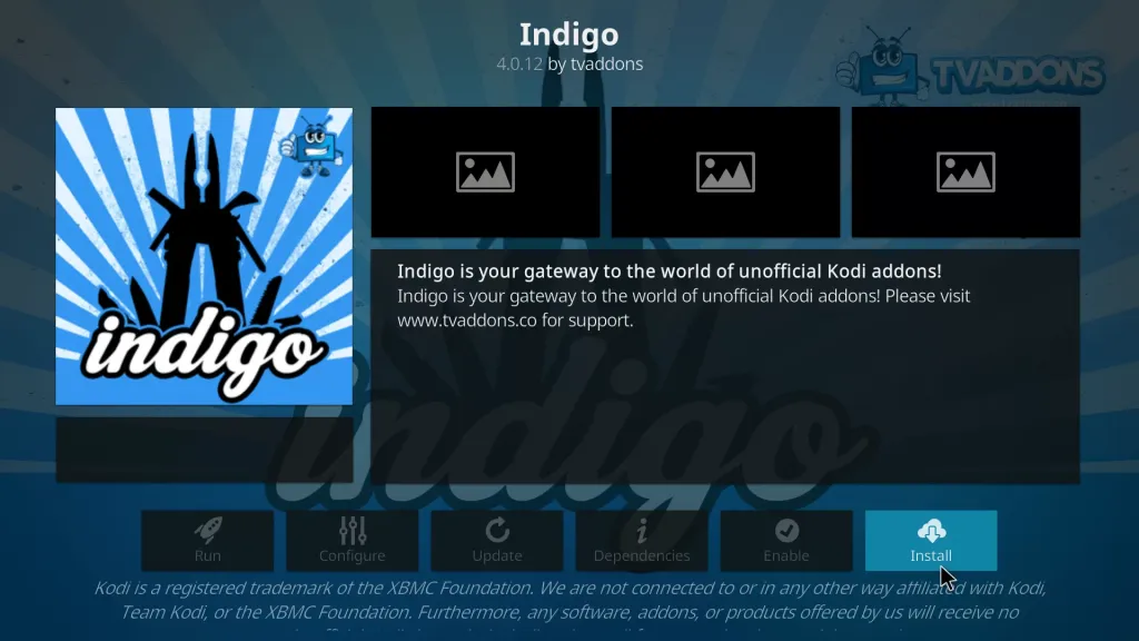 Click Install to get Indigo Kodi Addon