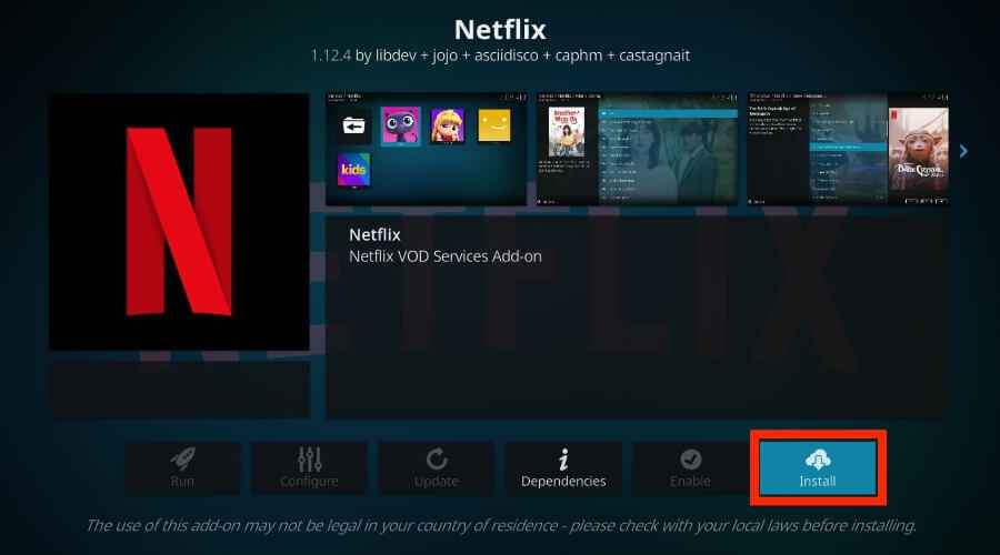 Tap Install to get Netflix on Kodi
