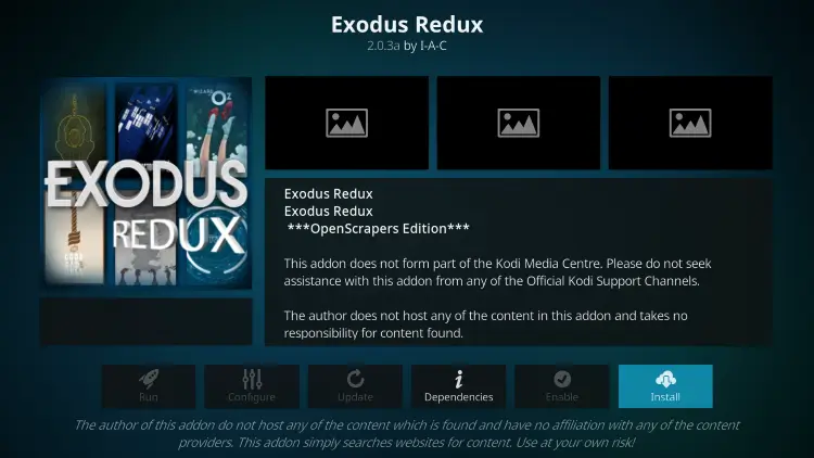 Click Install to get Exodus Kodi addon